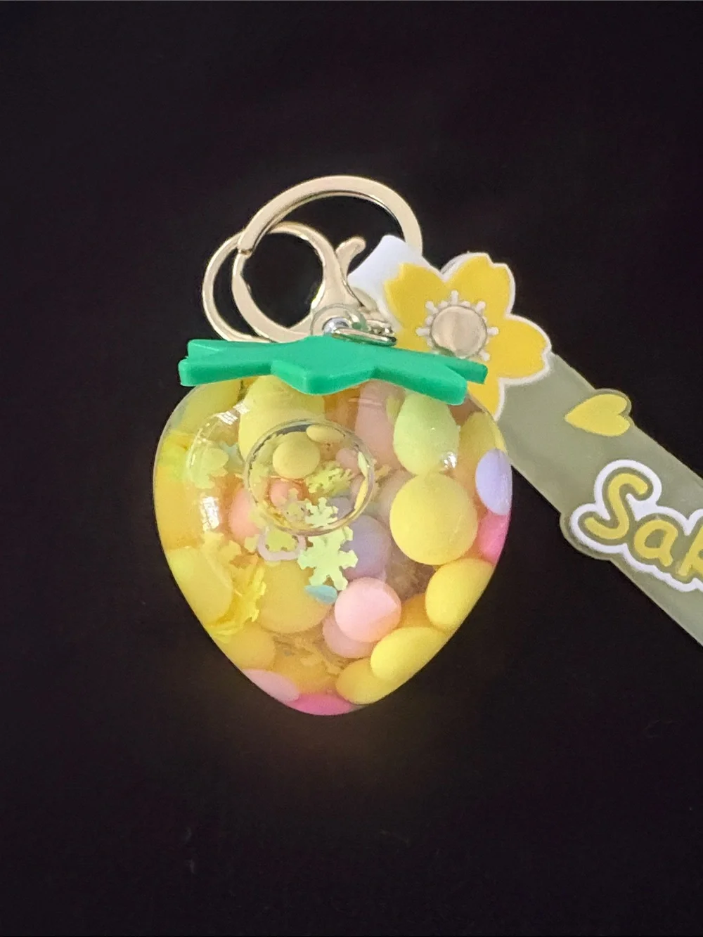Yellow & Green Strawberry Water Bead Glitter Filled Bag Charm Keychain